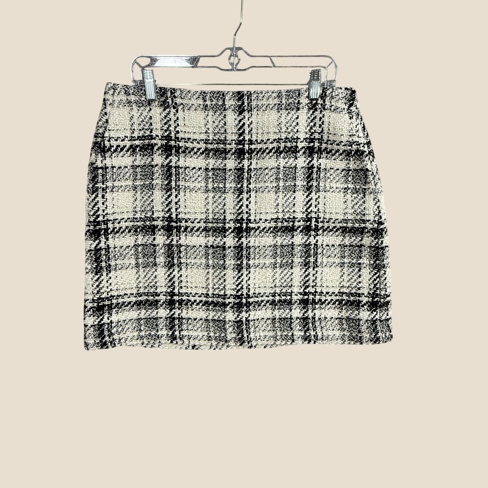 LOFT Black White Plaid Tweed Mini Skirt Metallic Wool Blend Size 12